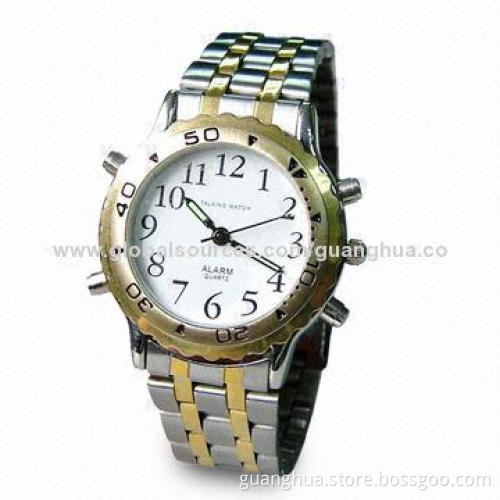 Talking Wristwatch, Coming with Date Talking and Daily Alarm Function, Made of Metal